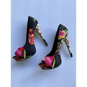 Aldo Platform Stiletto High Heel Shoes Size 8 Flowered Pattern Black Floral
